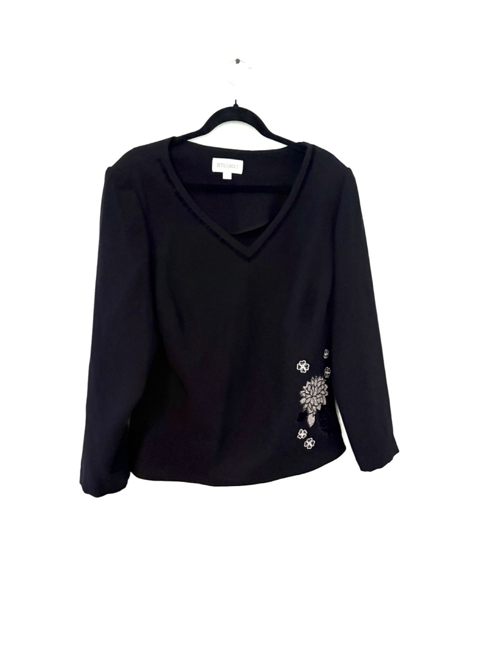 Studio Black V-Neck Long Sleeve Top with Embellished Floral Accent